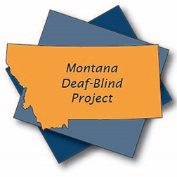Montana Deaf-Blind Project logo is a golden outline of the state of Montana set on two blue squares of different shades.