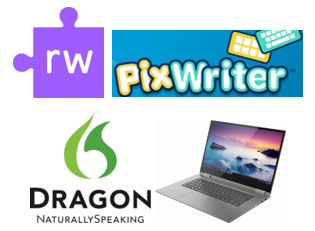 Thumbnail of Laptop with Dragon 15, Read & Write Gold, and PixWriter.