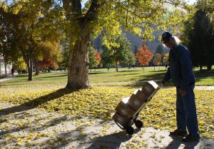 MonTECH's Resource Coordinator, Dave Gentry, heads across campus on a sunny fall day, pushing a hand cart loaded with boxes of AT to be shipped out to Montanans.