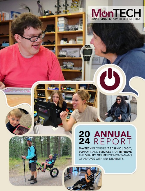 image of the cover of the montech 2024 annual report showing collage of pictures of people interacting with staff and assistive technology