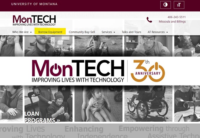 Picture displays a screenshot of computer screen, showing the MonTECH website's home page. The tab 'borrow equipment' is highlighted in yellow at the top left corner.