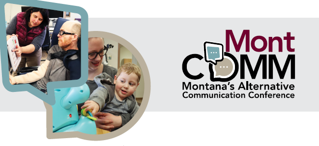 Little boy in mom's lap activating a toy, man in wheelchair learning about communication tool Michelle has mounted to chair. MontCOMM logo.