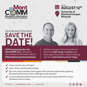 MontCOMM Save the date with MontCOMM logo. Image of two featured speakers, Chris Bugaj and Rachel Madel.