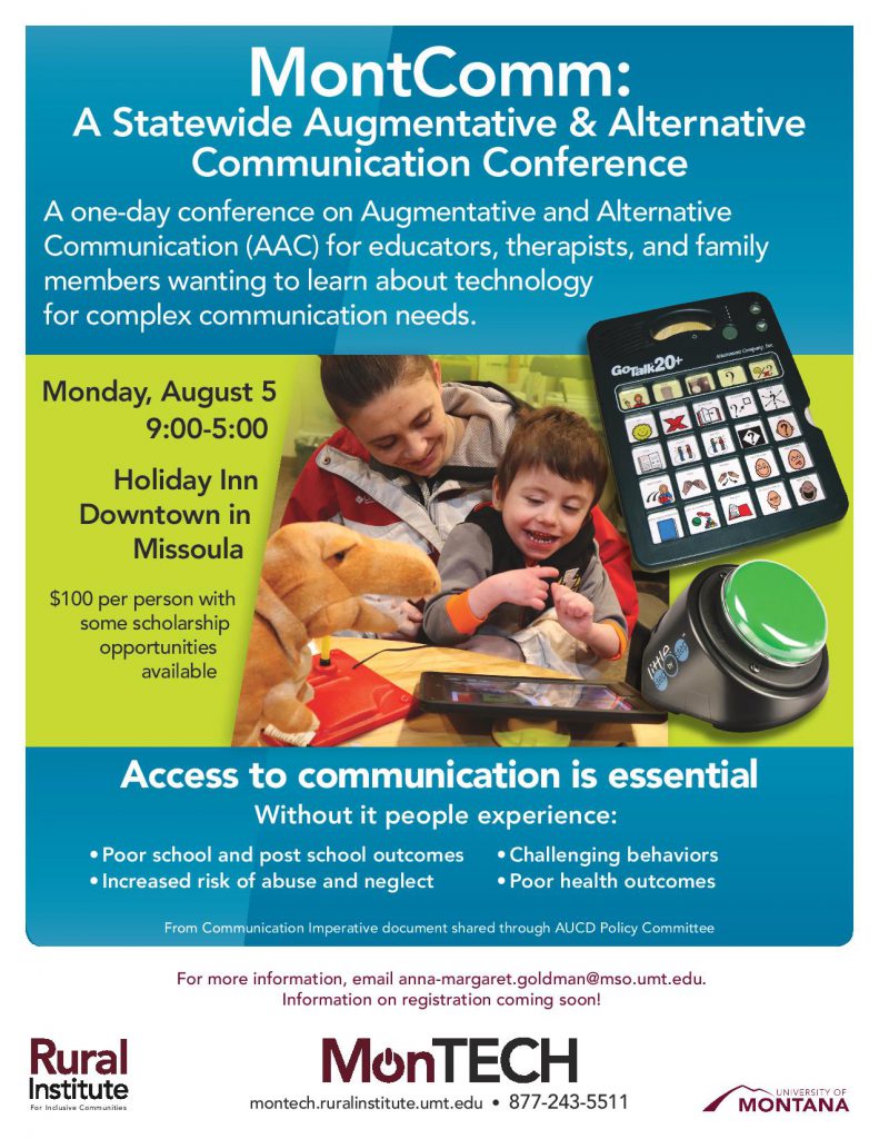 MontComm flyer in green and turquoise, shows mother smiling and holding laughing little boy with brown hair, communication devices spread on the table in front of them.