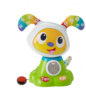 Bow Wow switch-activated toy is hard plastic, lights up, brightly colored.