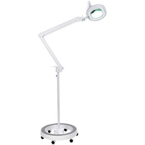 Tall rolling lamp with magnification.
